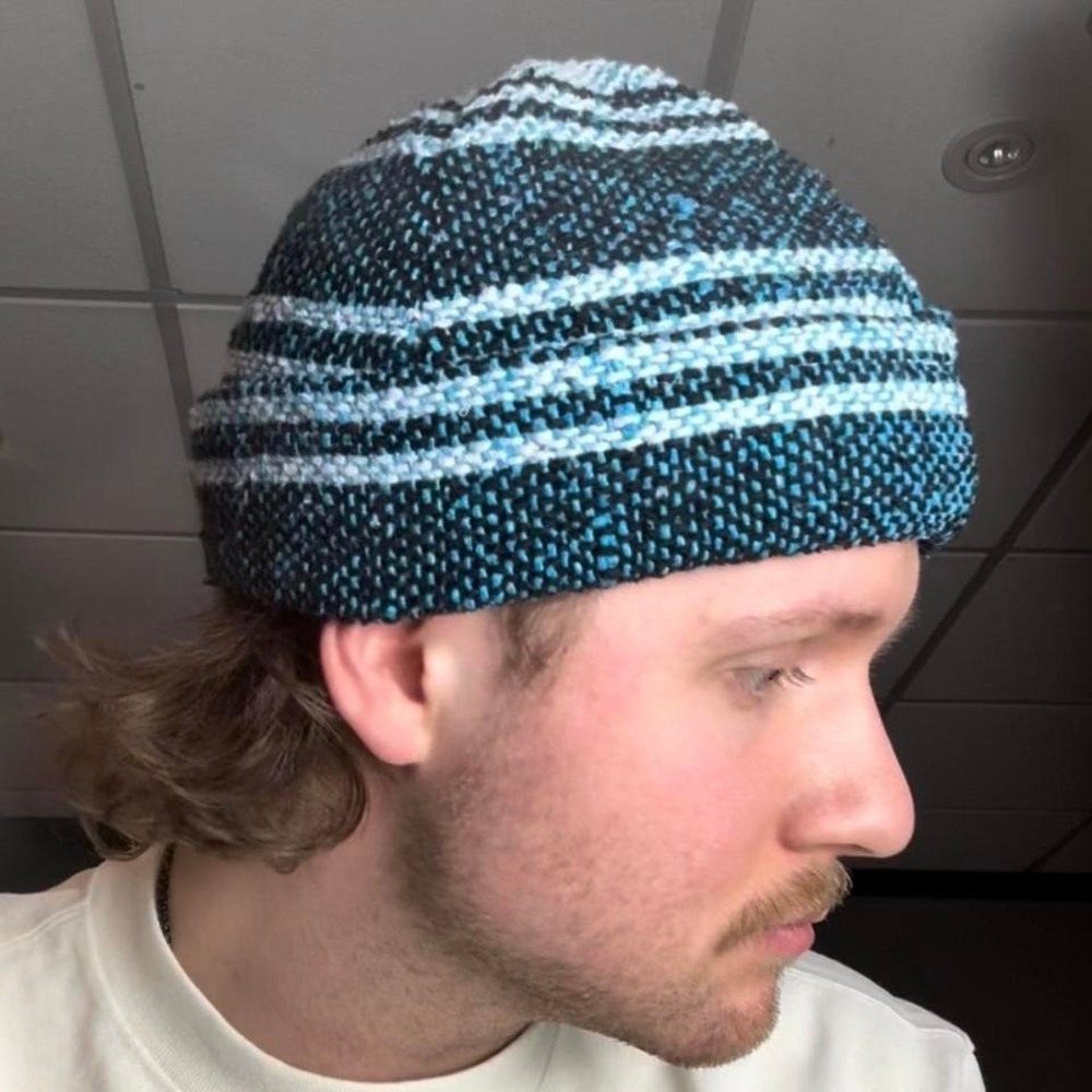 Baja Sweater Beanie Hat 100% Cotton Reworked Hand Sewn Woven‎ Blue Black